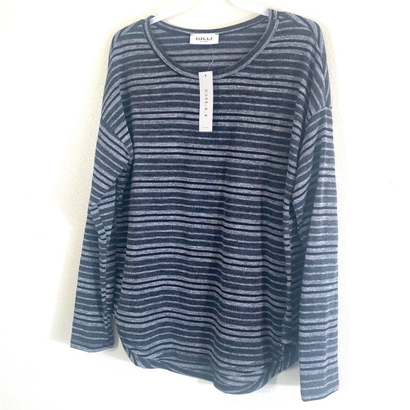 Gray & black long sleeve drop shoulder curved hem striped pullover top, NEW! - Picture 7 of 16